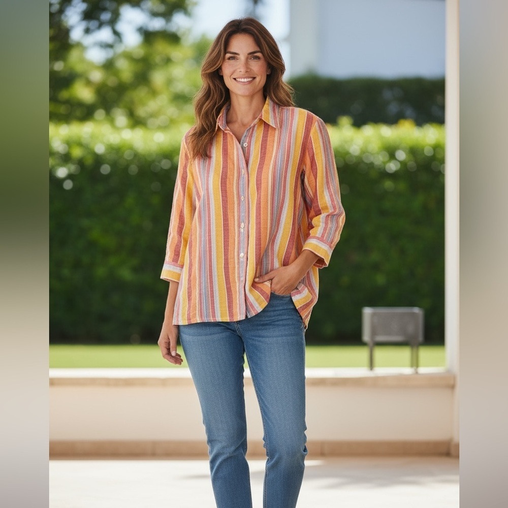 Linen Coldwater Creek Striped blouse of red, orange and yellow, XL